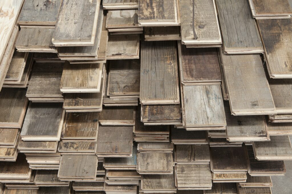 Stacks of treated wood flooring in factory, Jiangsu, China